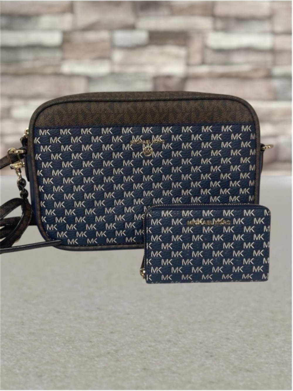 Michael Kors Charm Camera Crossbody & Matching Wallet Set Navy/Brown Logo